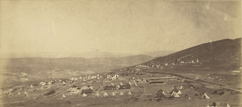 Camp of the 4th Light Dragoon, Officers Quarters; Roger Fenton, English, 1819 - 1869, 1855; Salted paper print; 15.9 x 35.7 cm