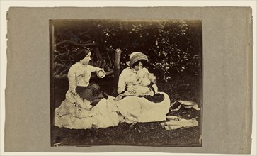 Child asleep with two woman seated on grass; Roger Fenton, English, 1819 - 1869, about 1860; Albumen silver print