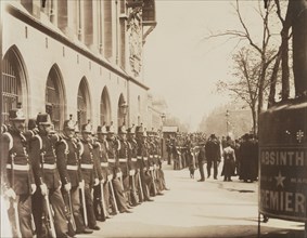 Republican Guards in Front of the Palais de Justice; Eugène Atget, French, 1857 - 1927, Paris, France; 1898 - 1900; Albumen