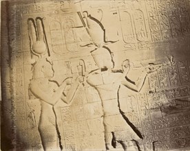 Wall carved with ancient Egyptian deities; Egypt; about 1860 - 1880; Tinted Albumen silver print