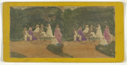 Group of men and women on carriage, possibly in Central Park, New York City; American; about 1863 - 1866; Hand-colored Albumen
