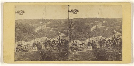 Group of Civil War soldiers overlooking a bridge; American; about 1862 - 1864; Albumen silver print