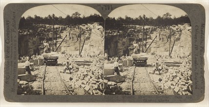 Granite Quarries - Derricks, Cars and Finished Blocks; Underwood & Underwood, American, 1881 - 1940s, about 1920; Gelatin