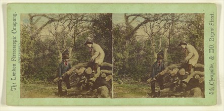 Men on logs; London Stereoscopic Company, active 1854 - 1890, about 1865; Hand colored albumen silver print