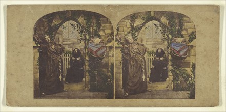 Genre scene: two monks in an archway of a church, both with dramatic faces; Attributed to London Stereoscopic Company
