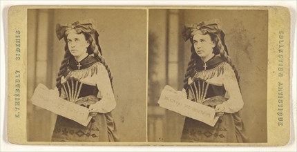 Young woman standing, holding a  La Republique Francaise  newspaper; E. Thiébault French, active Paris, France 1850s - 1870s