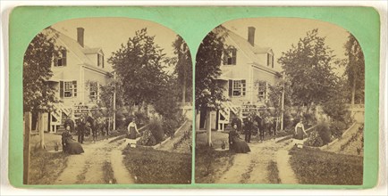 Family and horse at front yard and garden of house, Lowell, Massachusetts; Simon Towle, American, active Lowell, Massachusetts