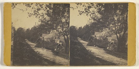 Family scene in yard of humble house, Lowell, Mass; Simon Towle, American, active Lowell, Massachusetts 1855 - 1893, 1870s