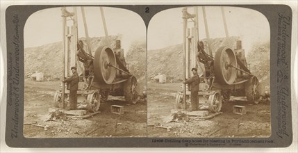 Driling deep holes for blasting in Portland cement rock; Underwood & Underwood, American, 1881 - 1940s, about 1902; Gelatin