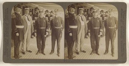 Brig. Gen Grant, Rear Admirals Sigsbee and Coghlan and Commander Winslow, on the Mayflower, Aug. 5, 1905; Underwood & Underwood