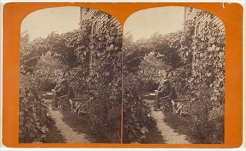 Elderly couple seated on steps of house in their garden; Elisha M. Van Aken, American, 1828 - 1904, 1870s; Albumen silver print