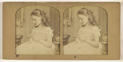 Little girl sewing; F. Grau, G.A.F., French, active 1850s - 1860s, 1855 - 1865; Hand-colored Albumen silver print