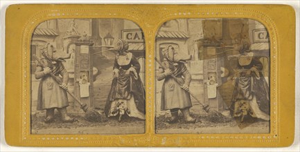 Scene from a play: woman dressed as a pig sweeping with another woman dressed as a bird; Adolphe Block, French, 1829
