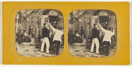 Genre scene: people entering carriage; Adolphe Block, French, 1829 - about 1900, 1860 - 1869; Hand-colored Albumen silver print