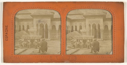 Man seated in front of fountain in the Court of Lions, The Alhambra, Spain; E. Lamy, French, active 1860s - 1870s, 1860s
