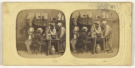 Genre scene: people in discussion around table, one woman with bonnet, gun leaning against table; E. Lamy, French, active 1860s