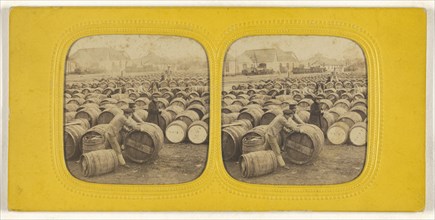 Men rolling a barrel in a field of barrels; E. Lamy, French, active 1860s - 1870s, 1860s; Hand-colored Albumen silver print