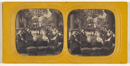 Group of people seated around a dining table; E. Lamy, French, active 1860s - 1870s, 1860s; Hand-colored Albumen silver print