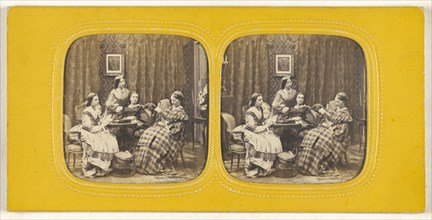 Genre parlor scene with four women; E. Lamy, French, active 1860s - 1870s, 1860s; Hand-colored Albumen silver print