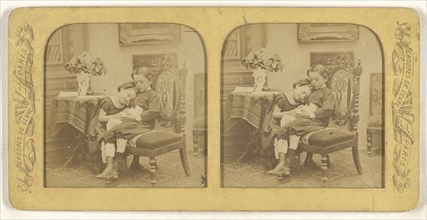 Groupes de Genre little boy and girl cuddling on a chair; Léon & Lévy, French, 1855 - 1865; Hand-colored Albumen silver print