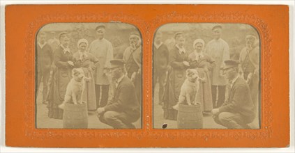 Dog smoking a pipe seated on a barrel with people observing; about 1860; Hand-colored Albumen silver print