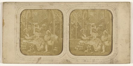 Parlor scene with three women; about 1860; Hand-colored Albumen silver print