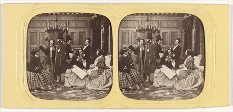 Parlor scene comprised of well-dressed people; about 1860; Hand-colored Albumen silver print