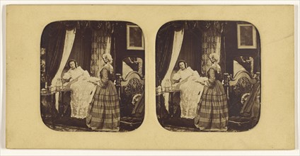Genre scene: two women in a bedroom, one in bed; 1855 - 1860; Hand-colored Albumen silver print