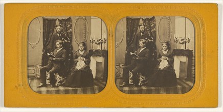 Parlor scene with two men and one woman; 1855 - 1860; Hand-colored Albumen silver print