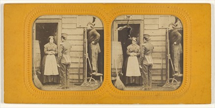Woman talking to a man, another man standing on a chair peering at them over a door; 1855 - 1860; Hand-colored Albumen silver