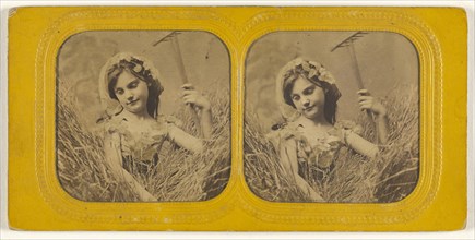 Little girl in field of hay holding a rake; 1855 - 1860; Hand-colored Albumen silver print