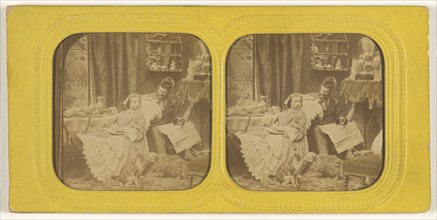 Genre scene: woman at table to feet propped on chair, man in hat next to her, dog and cat at their feet; 1855 - 1860
