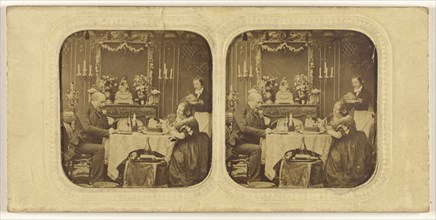 Elder man and woman at table eating, servant in background; 1855 - 1860; Hand-colored Albumen silver print