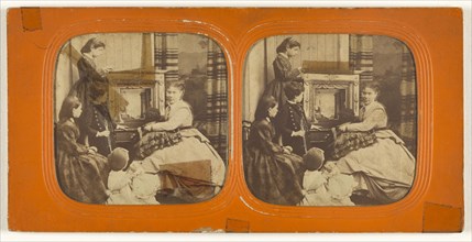 Parlor scene: women observing a painting; 1855 - 1860; Hand-colored Albumen silver print
