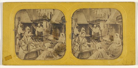 Genre scene: women spinning; 1855 - 1860; Hand-colored Albumen silver print