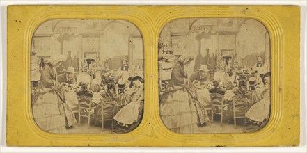 Genre scene: people at a buffet; French; 1855 - 1860; Hand-colored Albumen silver print