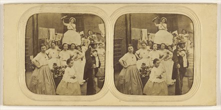 Group of woman following a man, one seated on a litter pouring liquid into a glass; 1855 - 1860; Hand-colored Albumen silver