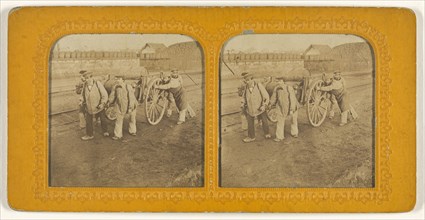 Men pushing and pulling a wagon; 1855 - 1860; Hand-colored Albumen silver print