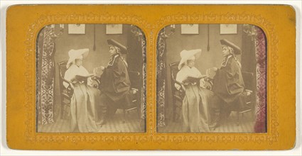 Young girl dressed as a nun with young boy wearing a cloak and three-corner hat; 1855 - 1860; Hand-colored Albumen silver print