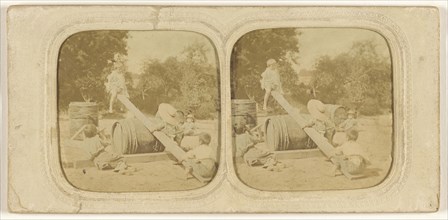 Children on makeshift see-saw; 1855 - 1860; Hand-colored Albumen silver print