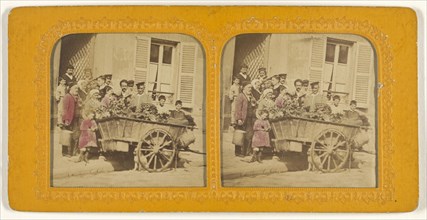 Group of people surrounding a cart of flowers; French; 1855 - 1860; Hand-colored Albumen silver print