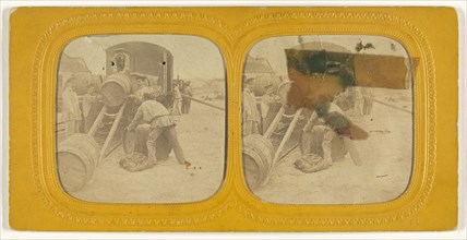 Men loading barrels on a train; 1855 - 1860; Hand-colored Albumen silver print