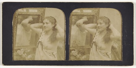 Woman before mirror with hands behind head, one breast exposed; French; 1855 - 1860; Hand-colored Albumen silver print