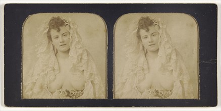 Woman wearing a lace mantilla with breasts exposed; French; 1855 - 1860; Hand-colored Albumen silver print