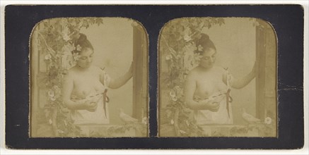 Woman in demure state, looking down, breasts exposed; French; 1855 - 1860; Hand-colored Albumen silver print