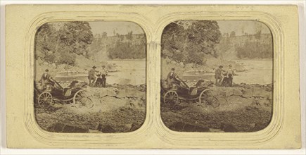 Men posed on rocks, another man posed by carriage; about 1865; Hand-colored Albumen silver print