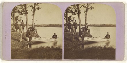 Boating scene: two men in rowboat, other men observing from river bank; Attributed to F.A. Wait, American, active 1860s