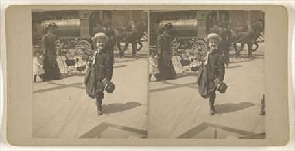 Little boy in straw hat carrying lunchbox, walking on street, Albany, N.Y; Julius M. Wendt, American, active 1900s - 1910s