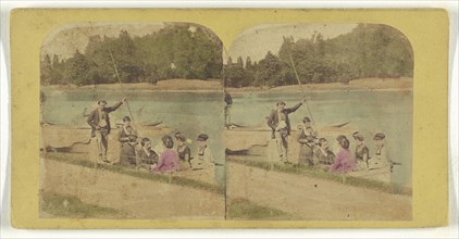 Family in boat along shoreline; about 1855 - 1860; Hand-colored Albumen silver print