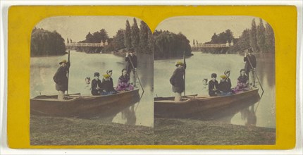 Family in rowboat on river, two rowers with them; about 1855 - 1860; Hand-colored Albumen silver print